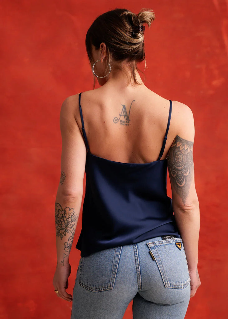 Betsy Top — Navy cami on model, back view — MYFASHIONFRUIT