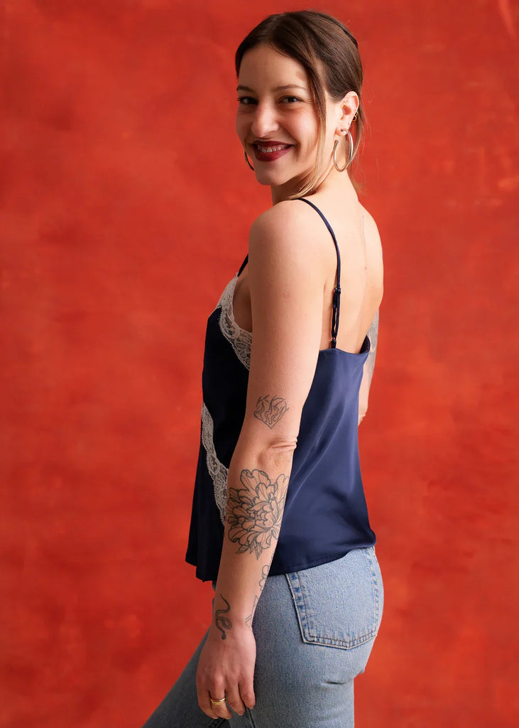 Betsy Top — Navy & lace cami on model — MYFASHIONFRUIT