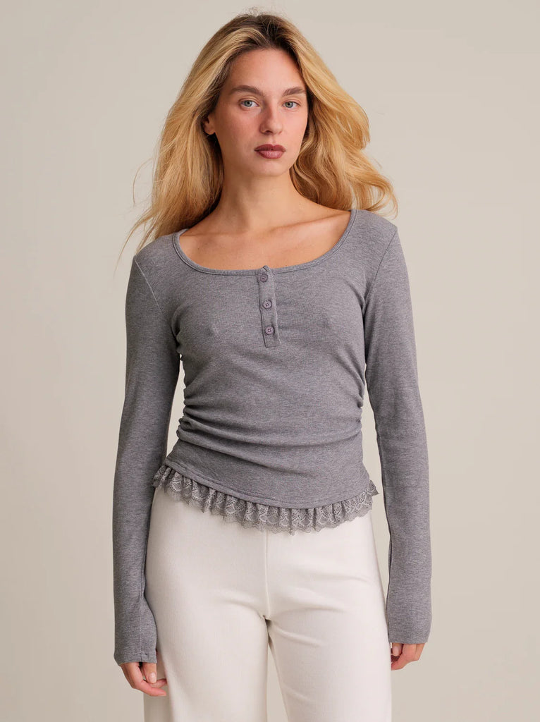 Calvina Top — Grey long sleeve top with lace on model — MYFASHIONFRUIT