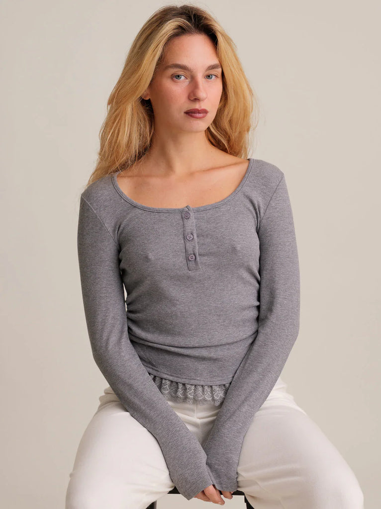 Calvina Top — gray top with buttons on model — MYFASHIONFRUIT