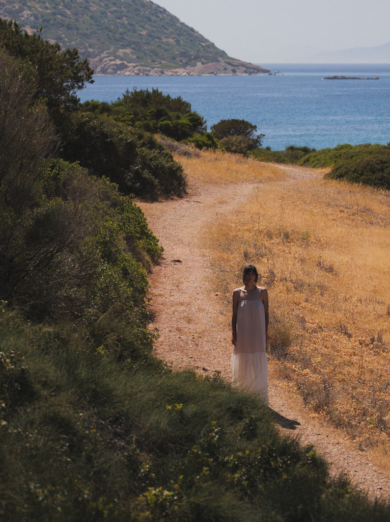 Brooklyn Dress — woman in beige dress on dirt path — MYFASHIONFRUIT