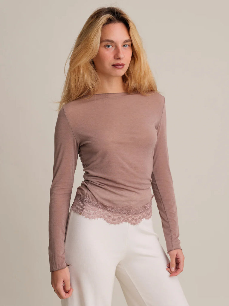 Zelina Top — Brown lace long-sleeve top on model — MYFASHIONFRUIT