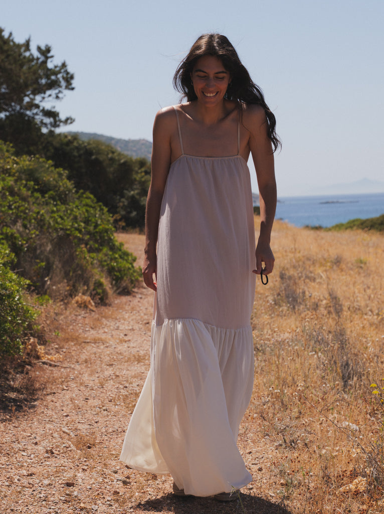 Brooklyn Dress — Beige and white maxi dress on model — MYFASHIONFRUIT