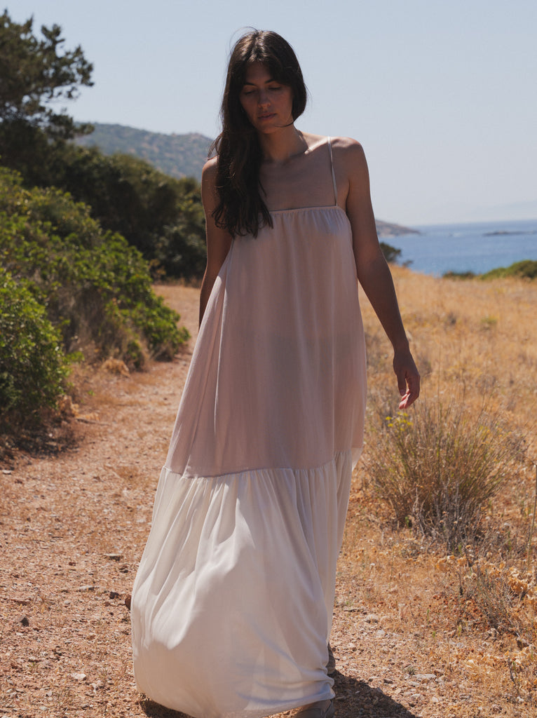 Brooklyn Dress — Two-tone maxi dress on model — MYFASHIONFRUIT