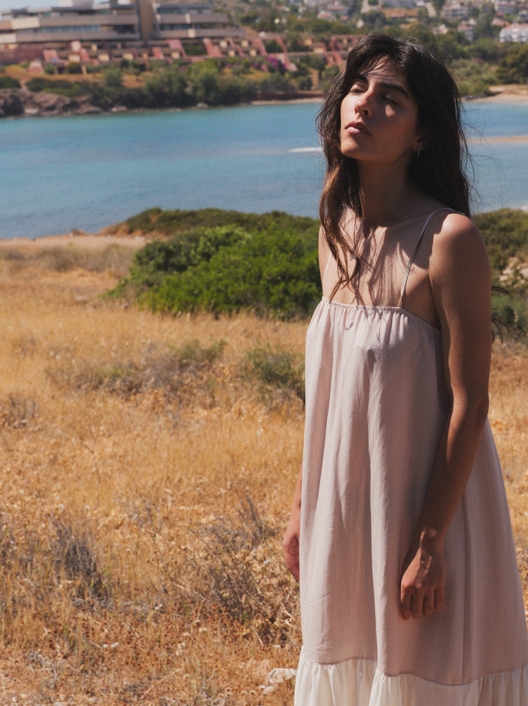 Brooklyn Dress — Blush pink linen dress on model — MYFASHIONFRUIT