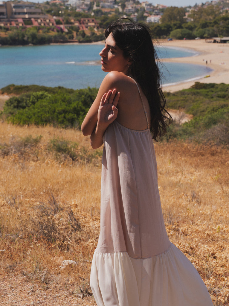 Brooklyn Dress — Beige maxi dress on model, with spaghetti straps and a tiered hem — MYFASHIONFRUIT
