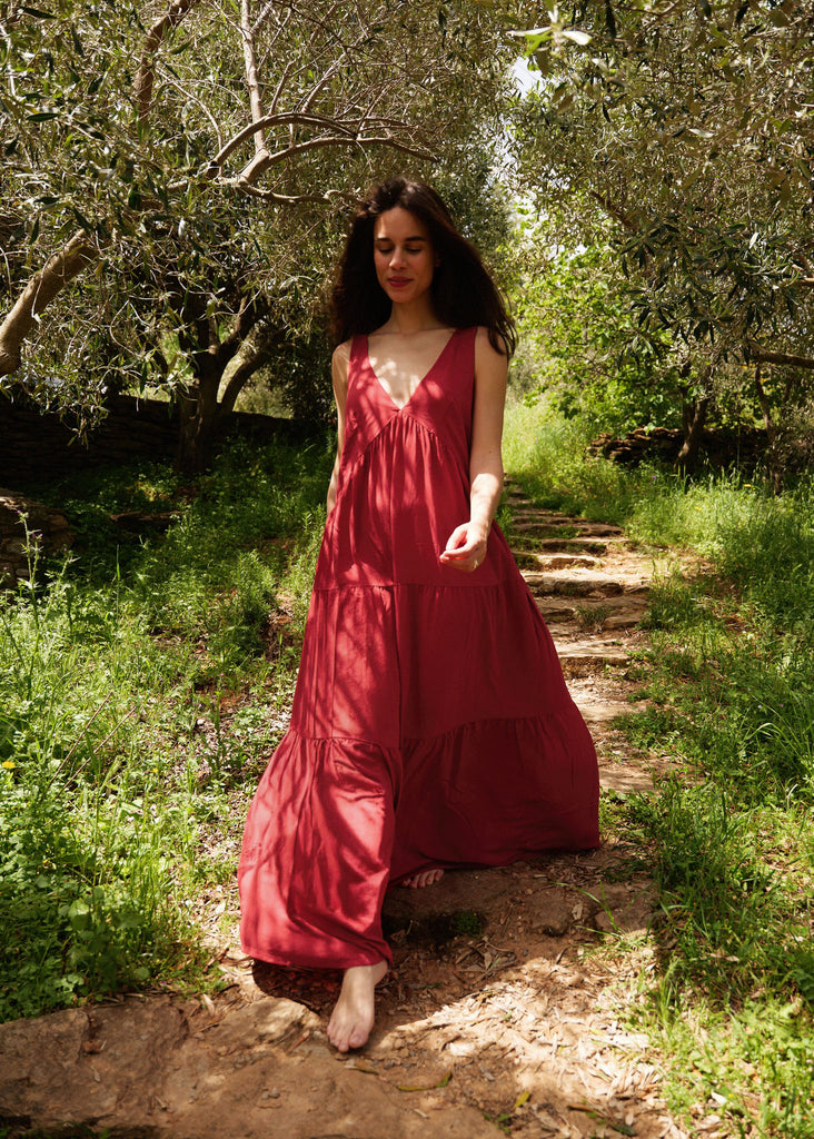 Gaea Dress — Red tiered dress on model — MYFASHIONFRUIT