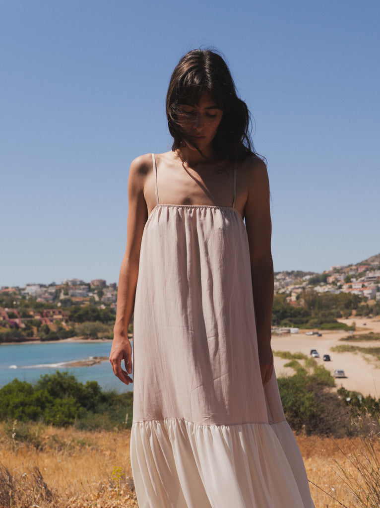 Brooklyn Dress — Beige and white midi dress on model — MYFASHIONFRUIT