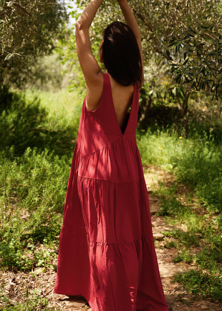 Gaea Dress — Red tiered maxi dress on model, V back — MYFASHIONFRUIT