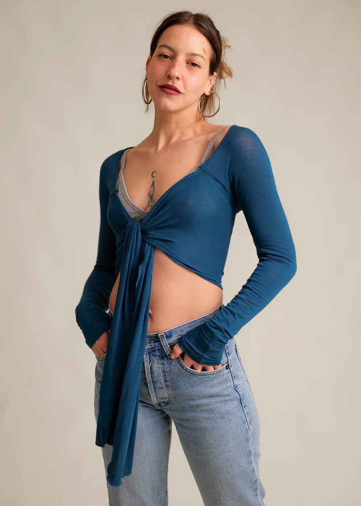 Jin Cardi — Blue tied top on model — MYFASHIONFRUIT