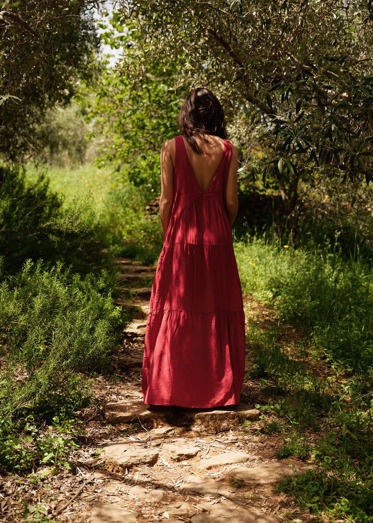Gaea Dress — Red tiered dress on model, back view — MYFASHIONFRUIT