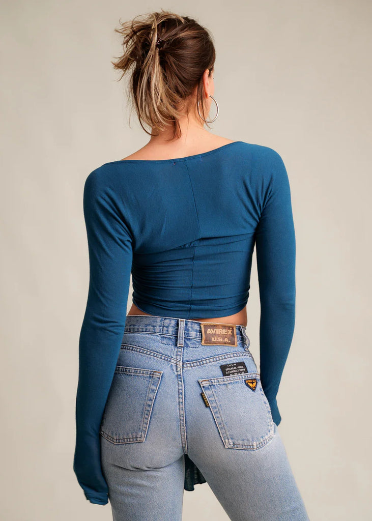 Jin Cardi — blue, long-sleeve on model, back view — MYFASHIONFRUIT