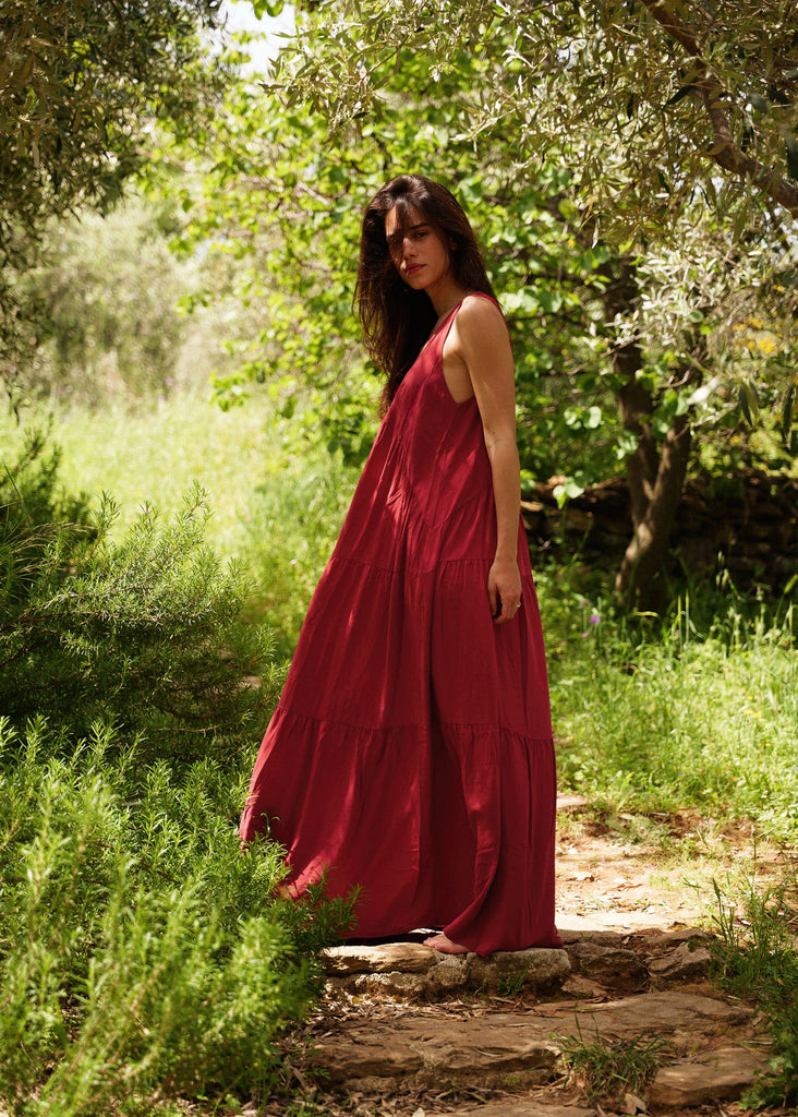 Gaea Dress — Red tiered maxi dress on model — MYFASHIONFRUIT