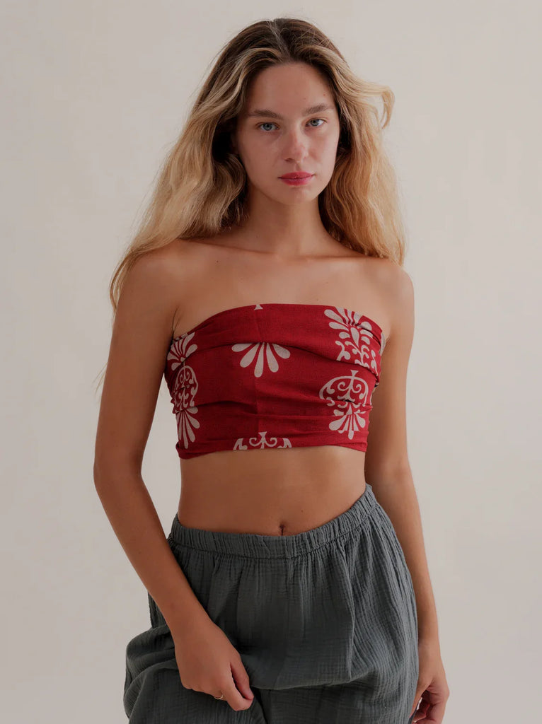 Bijal Silk Scarf - Reds — red scarf with white pattern on model — MYFASHIONFRUIT