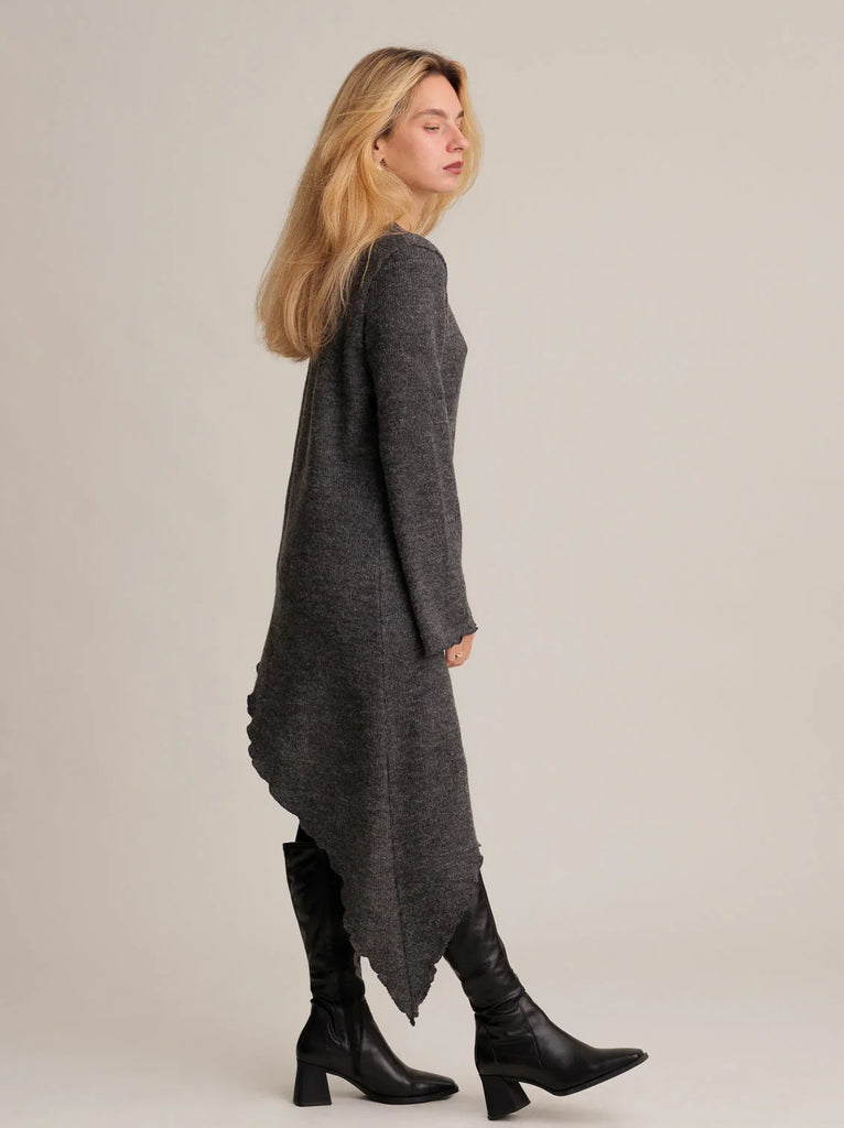 Nahara Jumper — Grey knit dress with asymmetrical hem on model — MYFASHIONFRUIT
