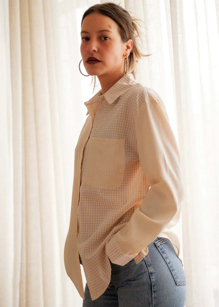 Moxie Shirt — Pink gingham shirt on model — MYFASHIONFRUIT