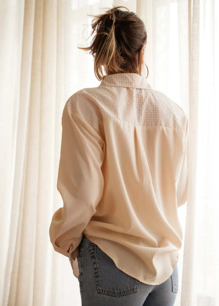 Moxie Shirt — light orange gingham and striped shirt on model, back view — MYFASHIONFRUIT