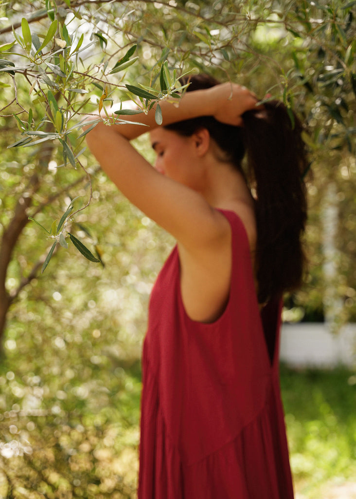 Gaea Dress — Red sleeveless dress on model — MYFASHIONFRUIT