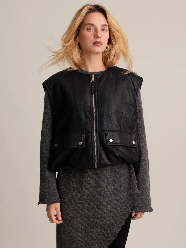 Kim Rider Vest — Black faux leather vest on model — MYFASHIONFRUIT