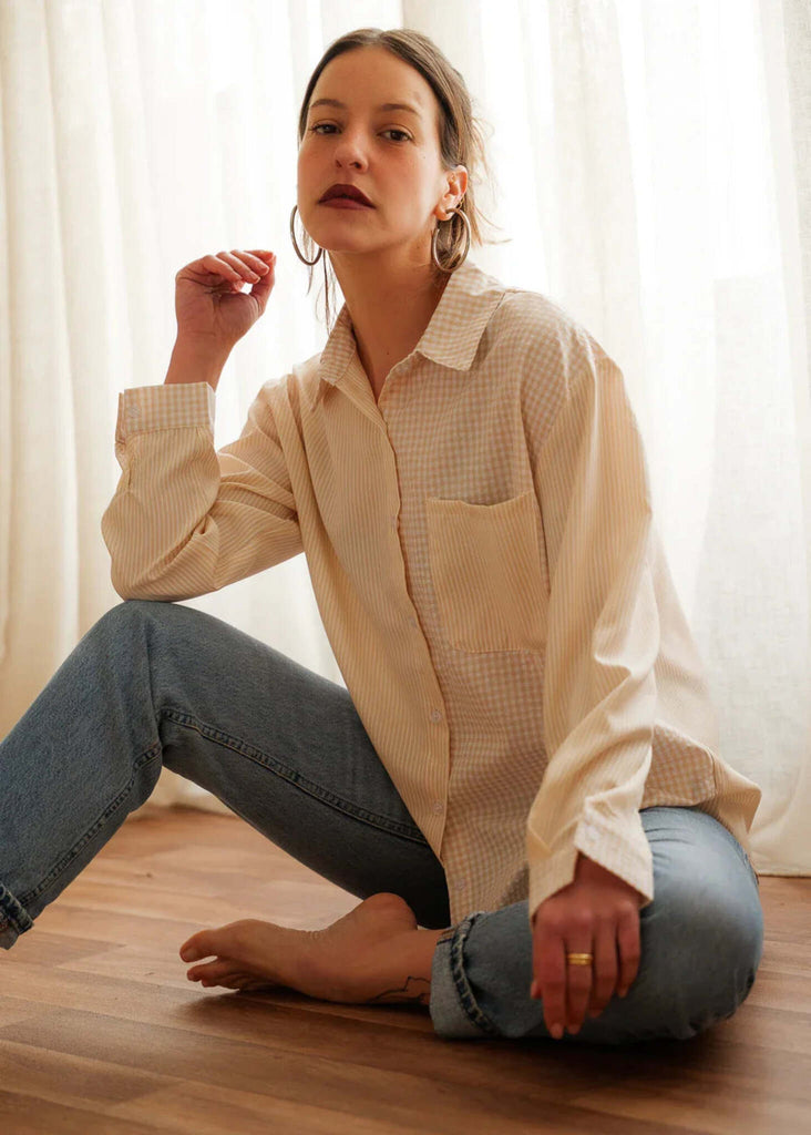 Moxie Shirt — Cream mixed pattern top on model — MYFASHIONFRUIT