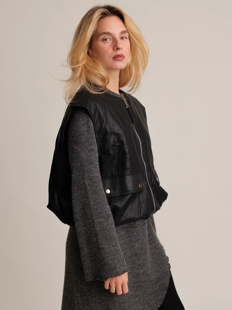 Kim Rider Vest — black faux leather vest on model — MYFASHIONFRUIT