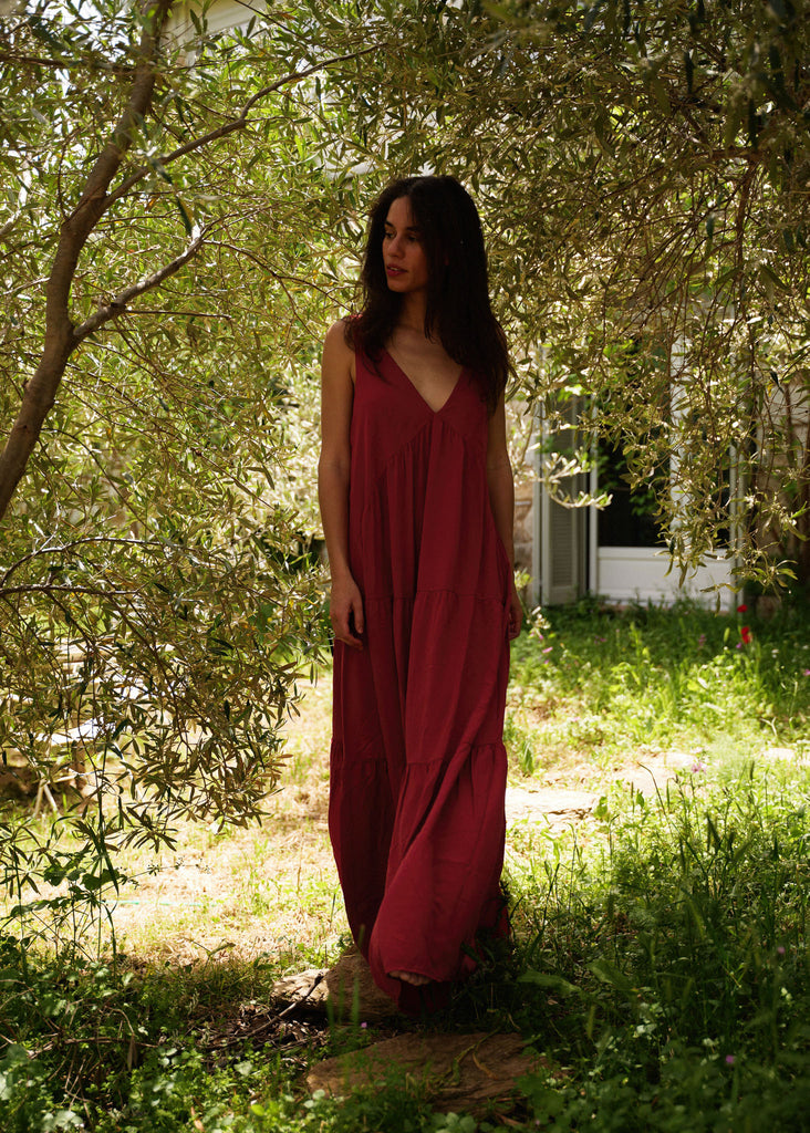 Gaea Dress — Model in red tiered maxi dress — MYFASHIONFRUIT