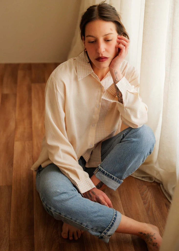 Moxie Shirt — Beige, striped shirt on model — MYFASHIONFRUIT