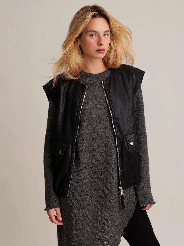Kim Rider Vest — black leather vest on model — MYFASHIONFRUIT