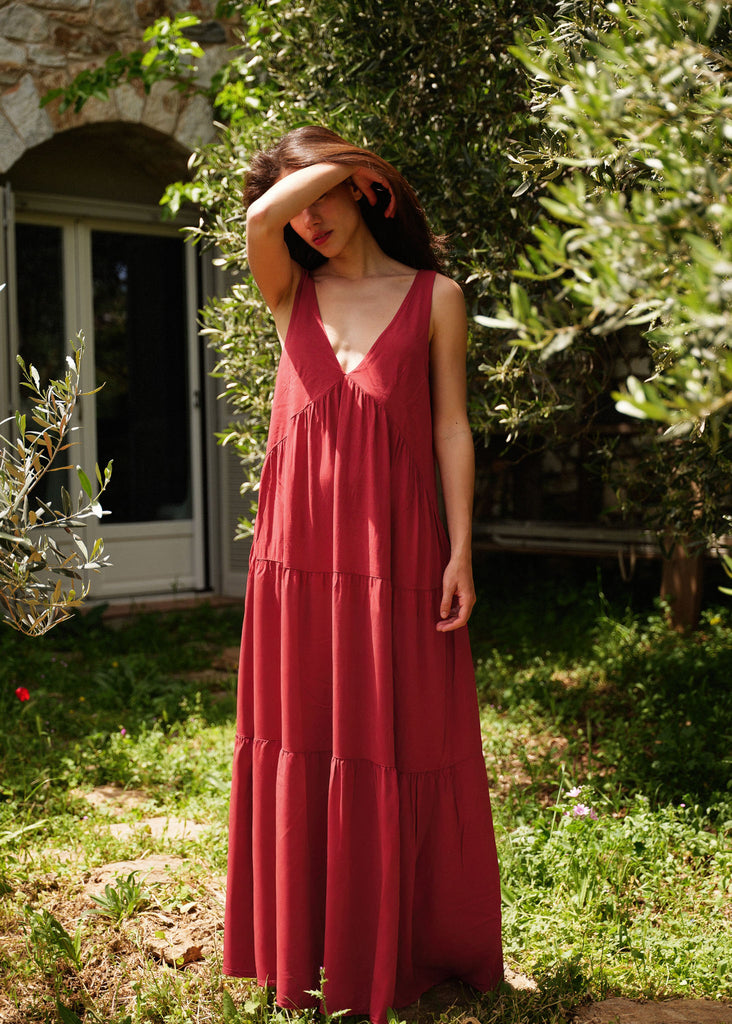 Gaea Dress — Red v-neck tiered maxi dress on model — MYFASHIONFRUIT