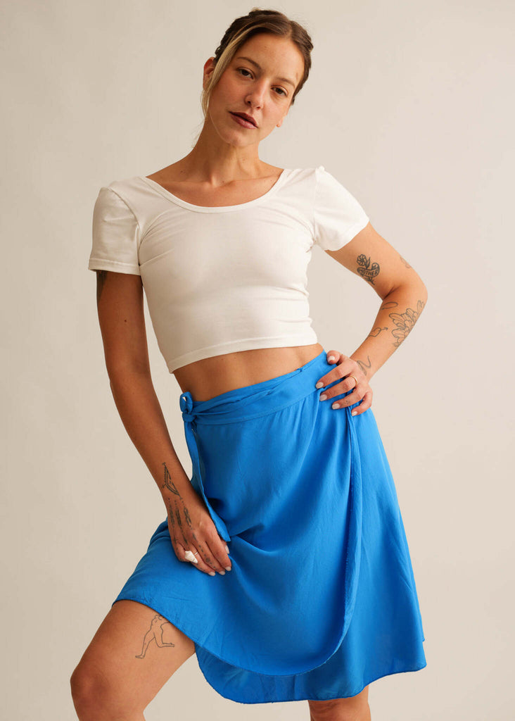 Alis Cosmic Skirt — Blue wrap skirt on model with white top — MYFASHIONFRUIT