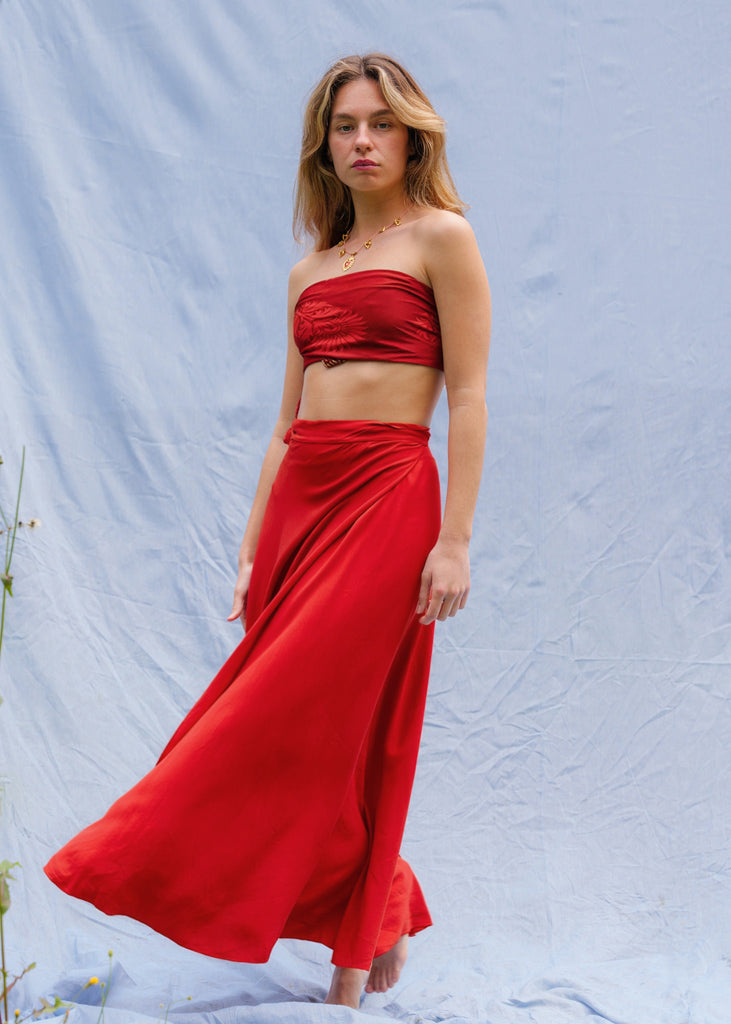 Alanis Scarlet Skirt — Red skirt and strapless top on model — MYFASHIONFRUIT