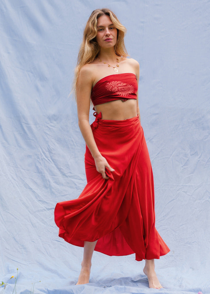 Alanis Scarlet Skirt — Red skirt and top on model — MYFASHIONFRUIT