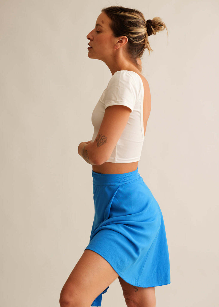Alis Cosmic Skirt — Blue mini skirt on model with white top — MYFASHIONFRUIT