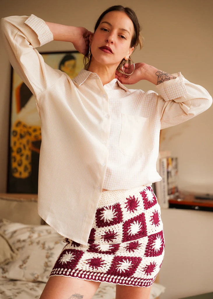 Lyana Skirt — Crochet mini skirt in burgundy and off-white on model — MYFASHIONFRUIT