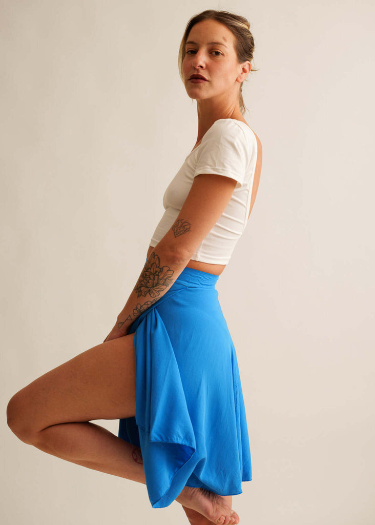 Alis Cosmic Skirt — Blue wrap skirt on model with white top — MYFASHIONFRUIT