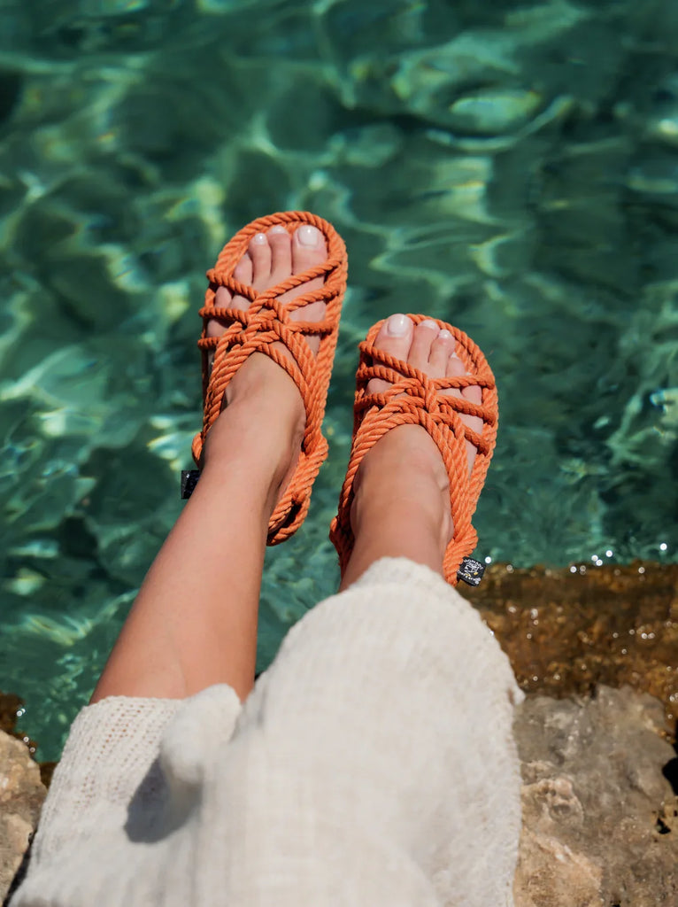 JC Pumpkin Sandals — Orange woven sandals on model — MYFASHIONFRUIT