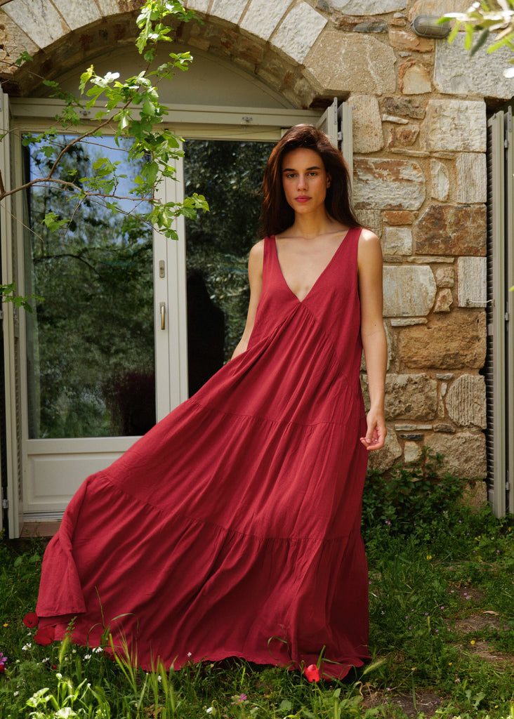 Gaea Dress — Red tiered dress on model — MYFASHIONFRUIT