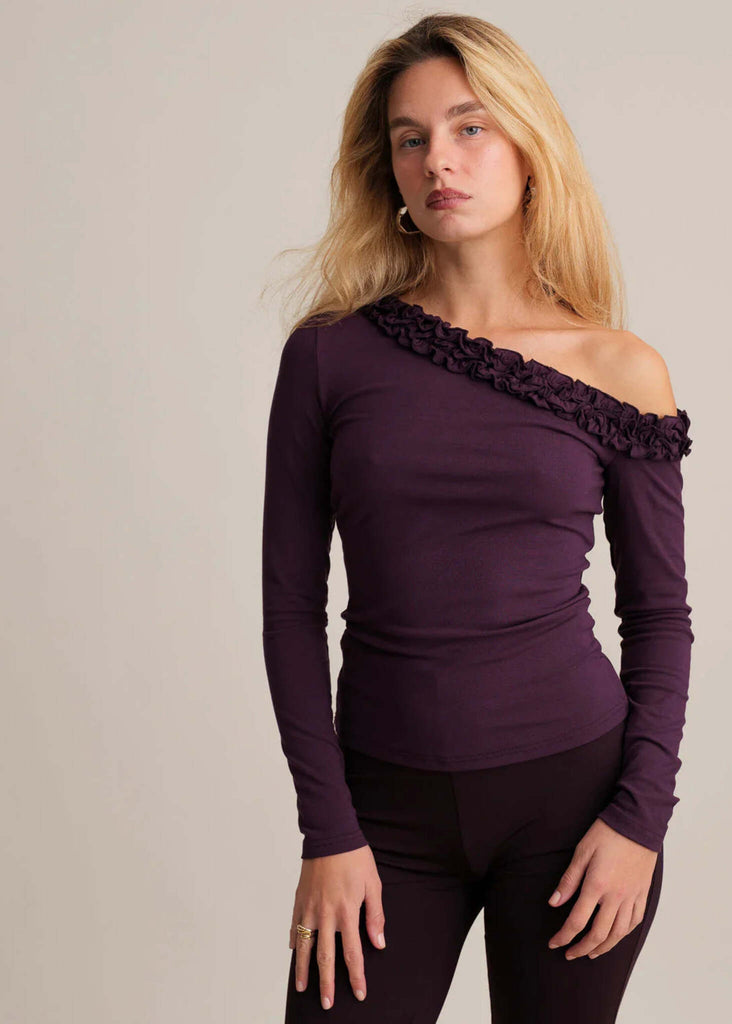 Amor Top — Plum top with frill detail on model — MYFASHIONFRUIT