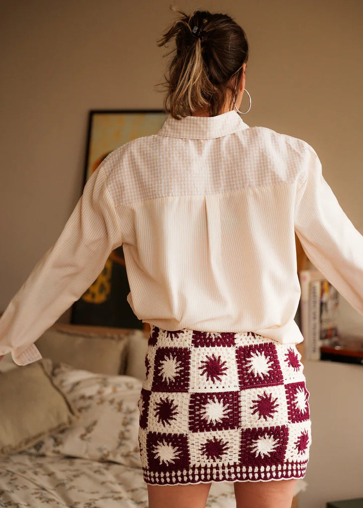 Lyana Skirt — Crochet mini skirt in burgundy and cream — MYFASHIONFRUIT