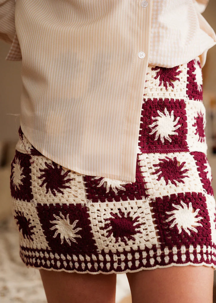 Lyana Skirt — Crochet knit in cream and burgundy, on model — MYFASHIONFRUIT
