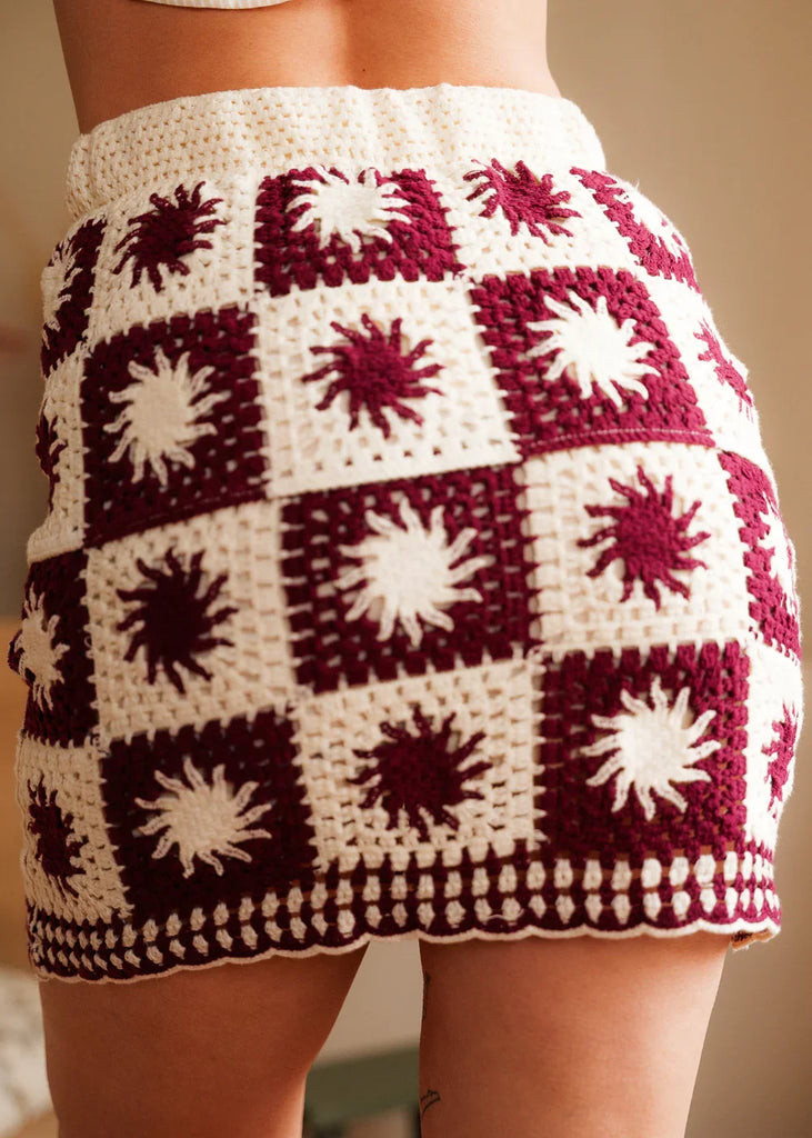 Lyana Skirt — Crochet skirt on model, burgundy and beige — MYFASHIONFRUIT