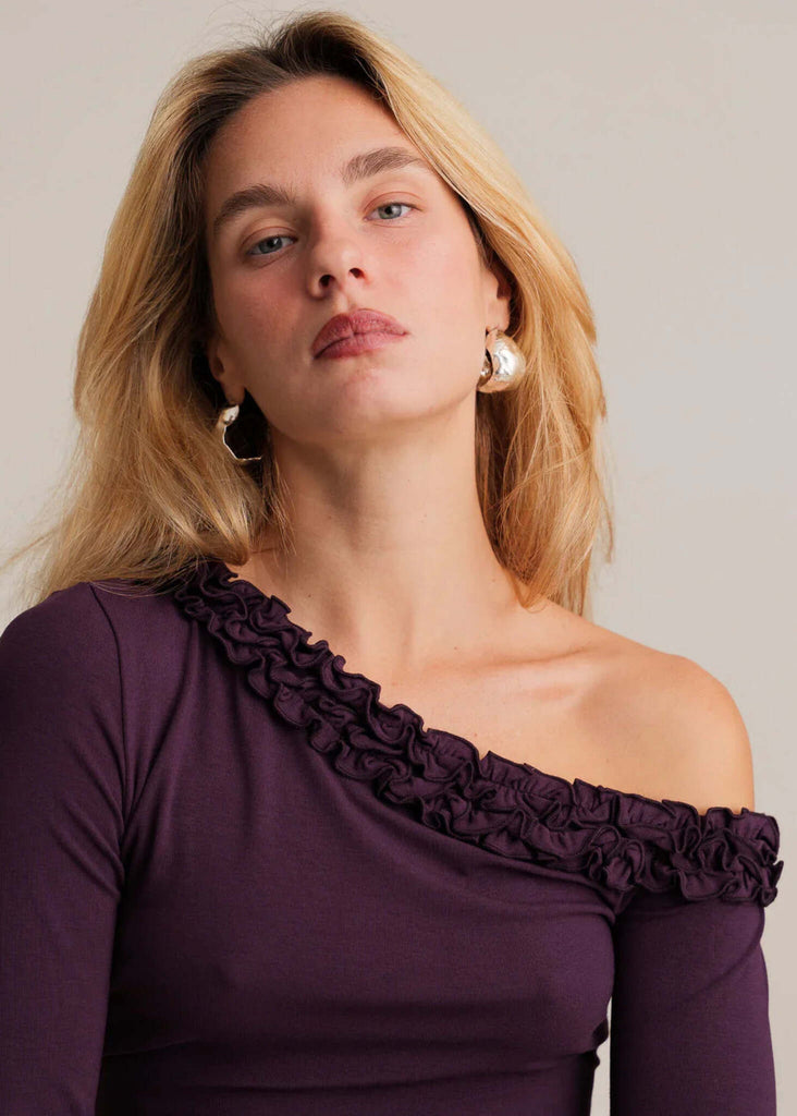 Amor Top — Purple top with frills on model — MYFASHIONFRUIT