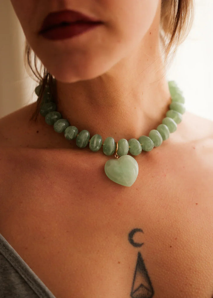 Moyo Necklace — Green gemstone heart necklace on model — MYFASHIONFRUIT
