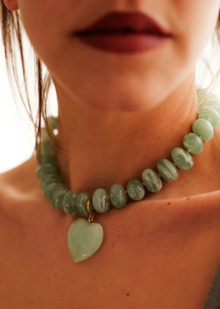 Moyo Necklace — green beaded heart necklace on model — MYFASHIONFRUIT