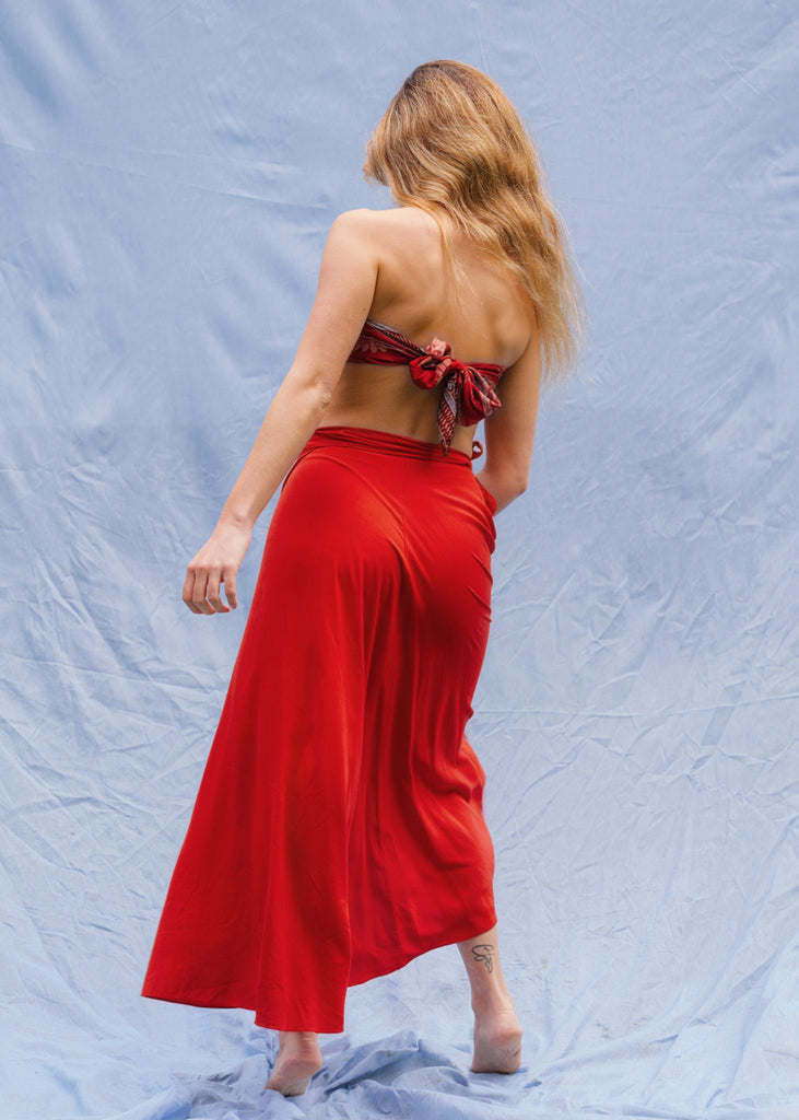 Alanis Scarlet Skirt — Red skirt on model, back view — MYFASHIONFRUIT