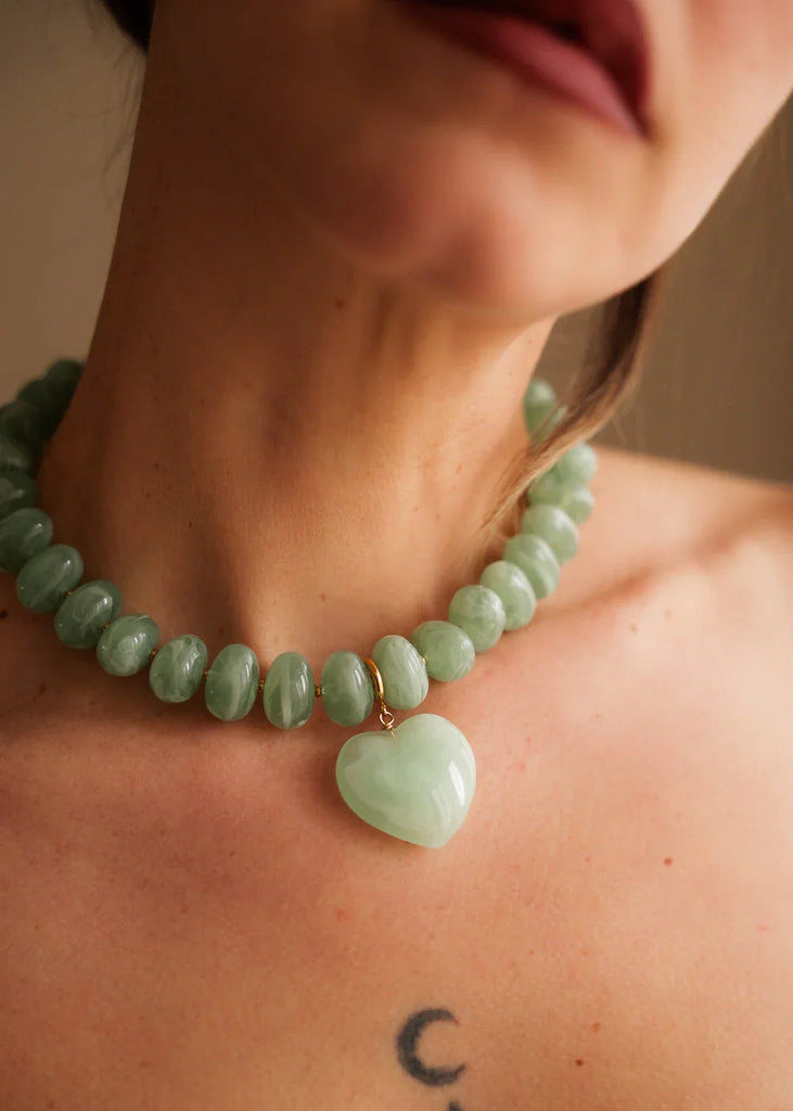Moyo Necklace — Mint beaded necklace with heart pendant on model — MYFASHIONFRUIT