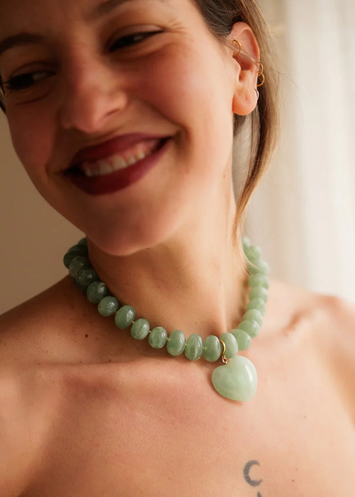 Moyo Necklace — green beaded necklace with heart on model — MYFASHIONFRUIT