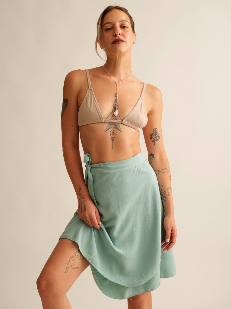 Alis Lagoon Skirt — Mint green wrap skirt on model — MYFASHIONFRUIT