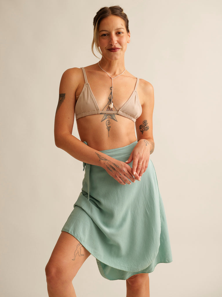 Alis Lagoon Skirt — Light blue wrap skirt on model — MYFASHIONFRUIT