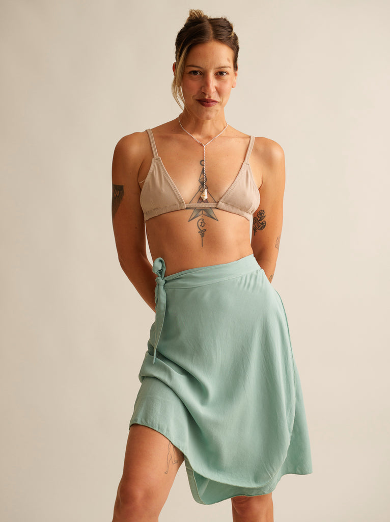 Alis Lagoon Skirt — Light blue wrap skirt on model — MYFASHIONFRUIT